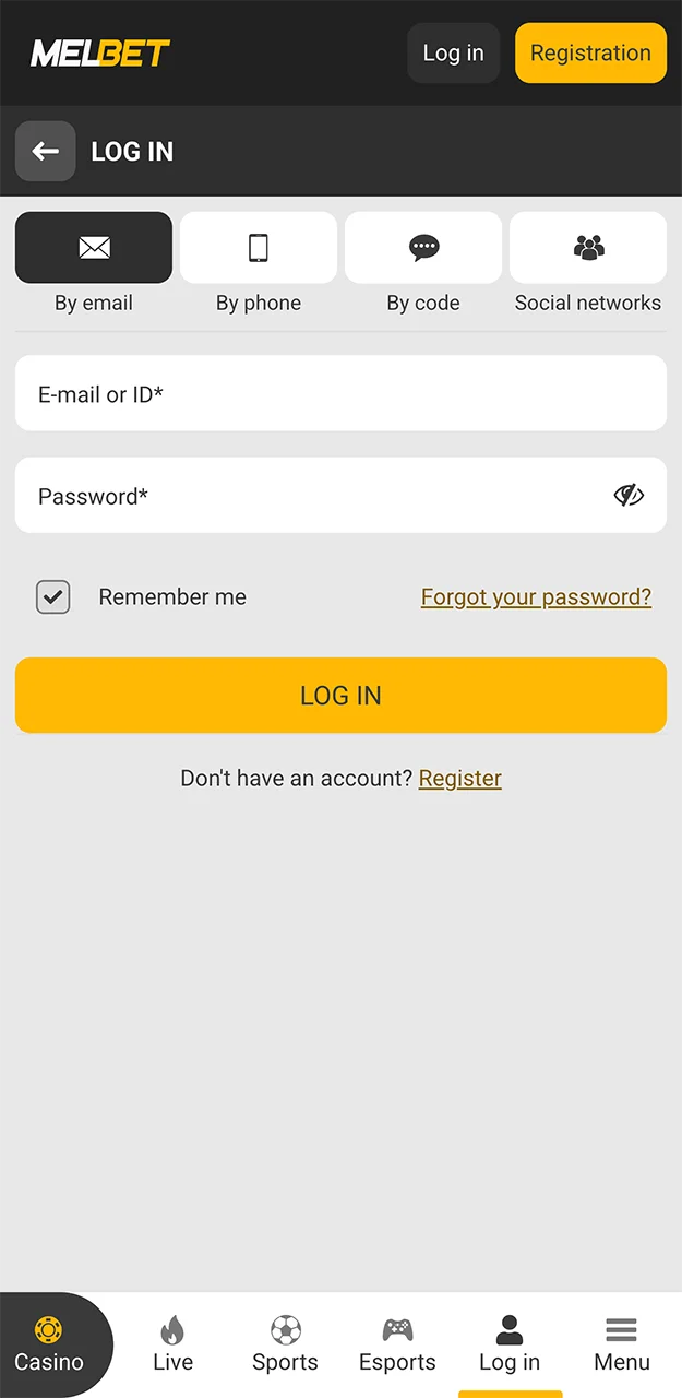 Select a method for logging into your account on the Melbet website.