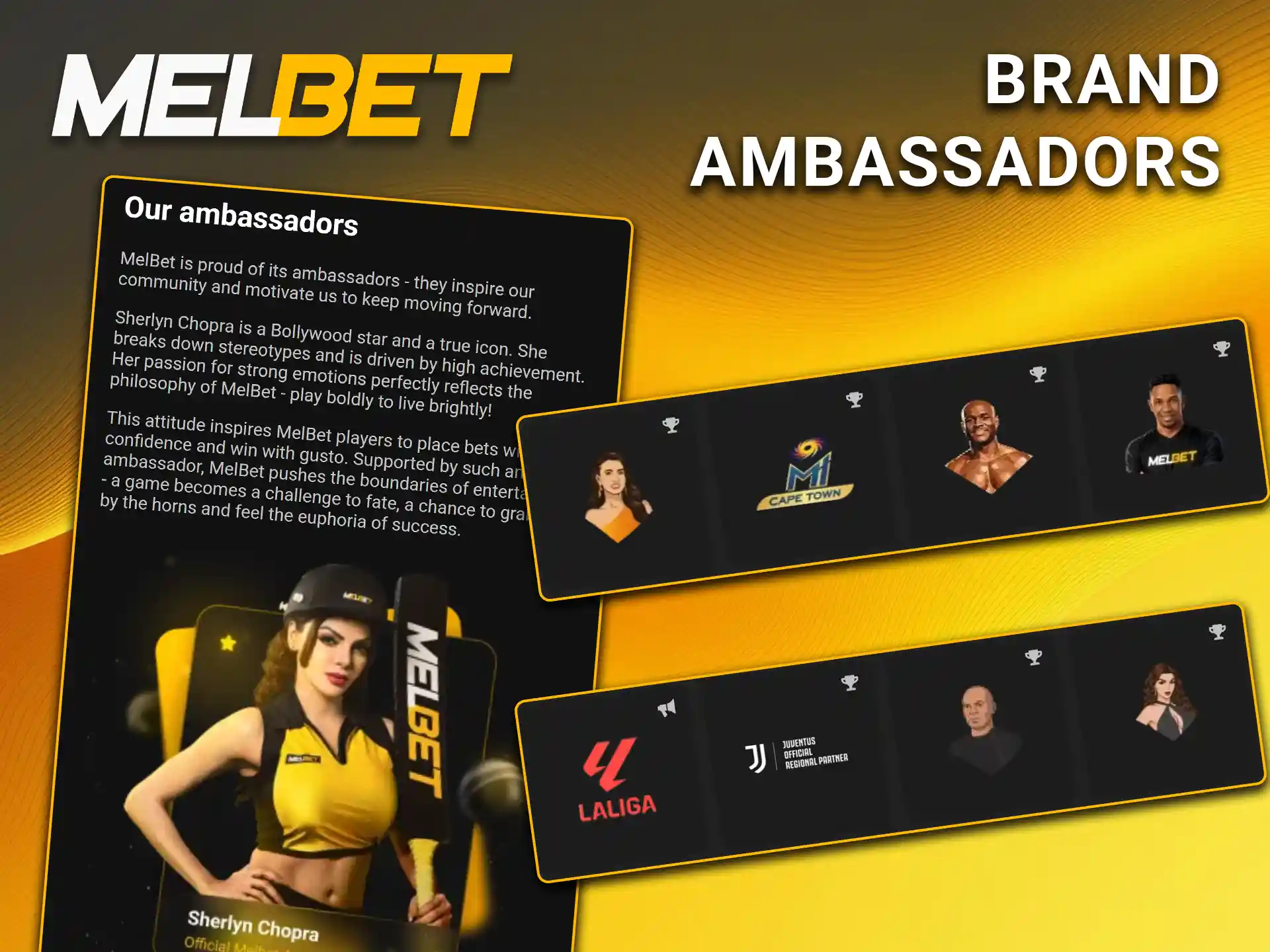 View the official list of key partners and brand ambassadors of Melbet.