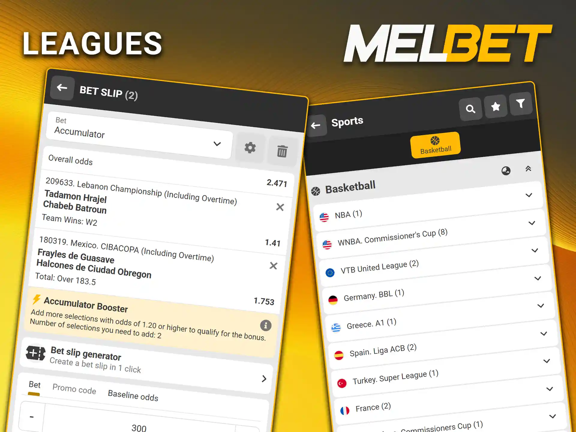 Browse the sportsbook section to check markets and odds for the top basketball leagues available on Melbet.