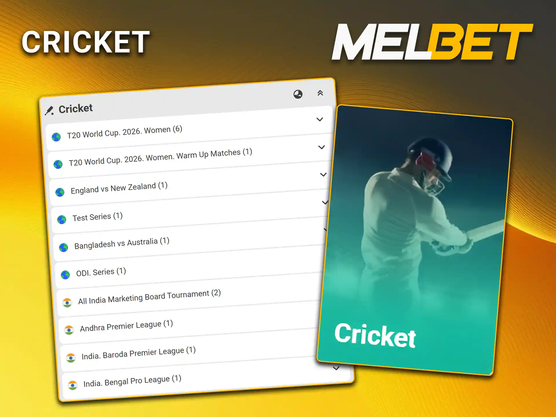 Place your mobile stakes on IPL matches and international tournaments for cricket on Melbet.
