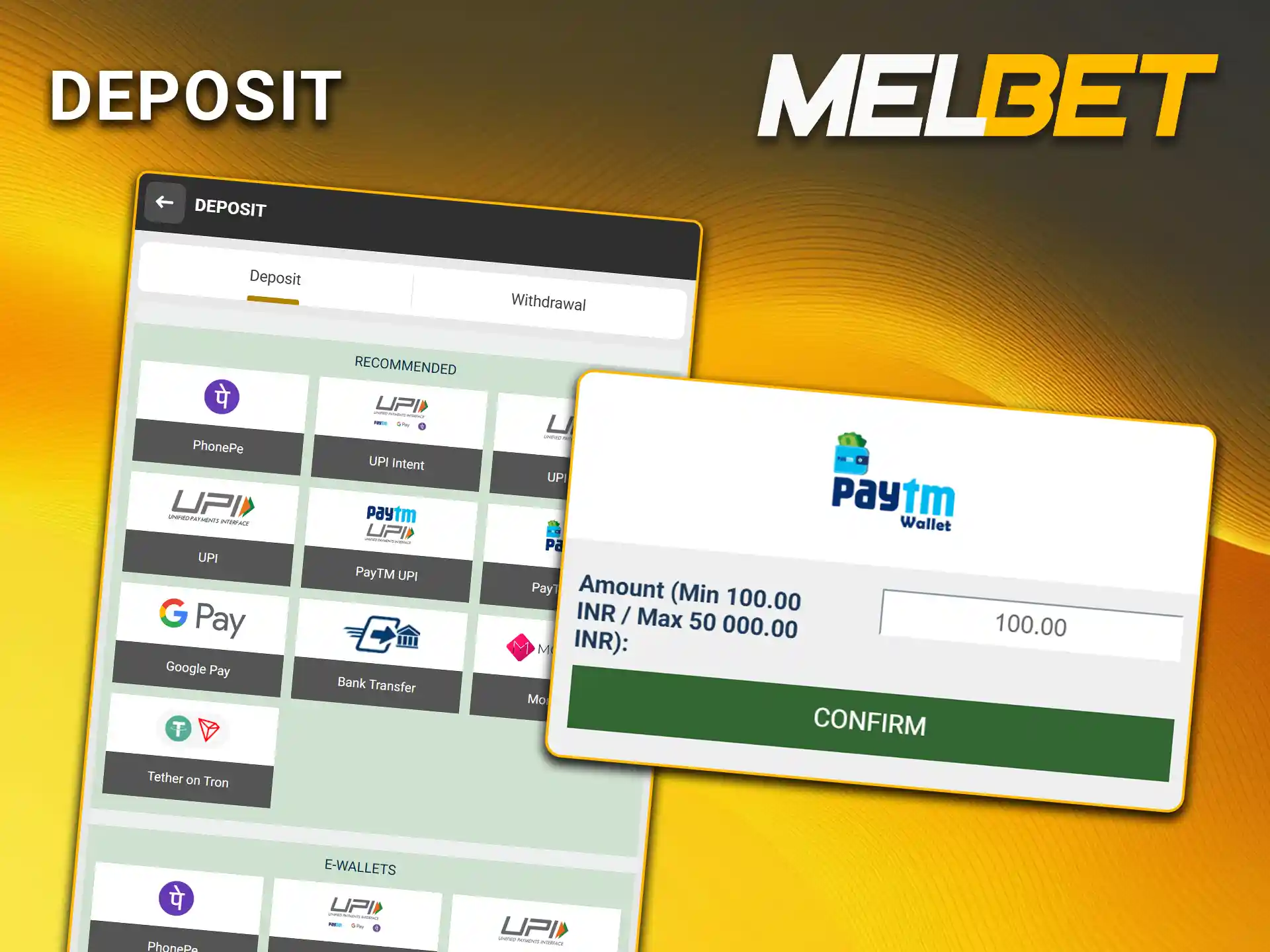 Open the balance section and use the mobile guide to learn how to deposit on Melbet.