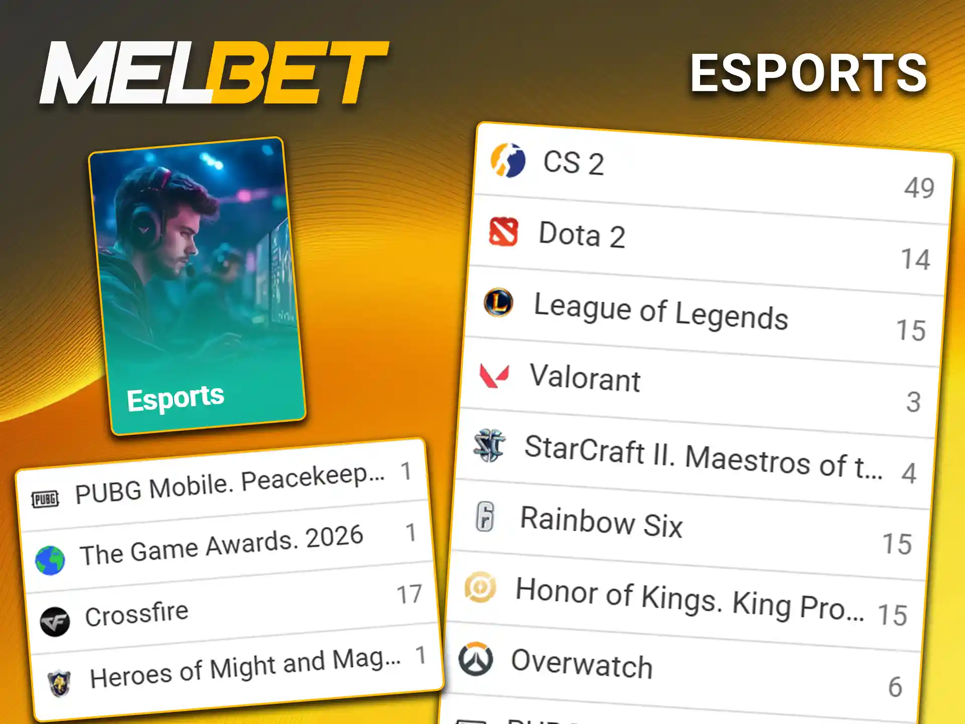 Place bets on esports tournaments at Melbet.