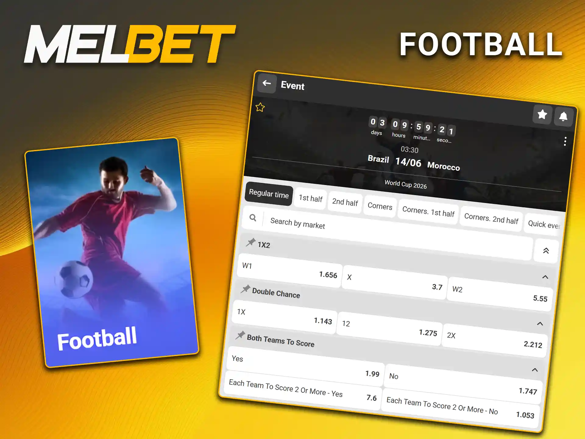 Predict game outcomes and find competitive odds for major leagues in football on Melbet.