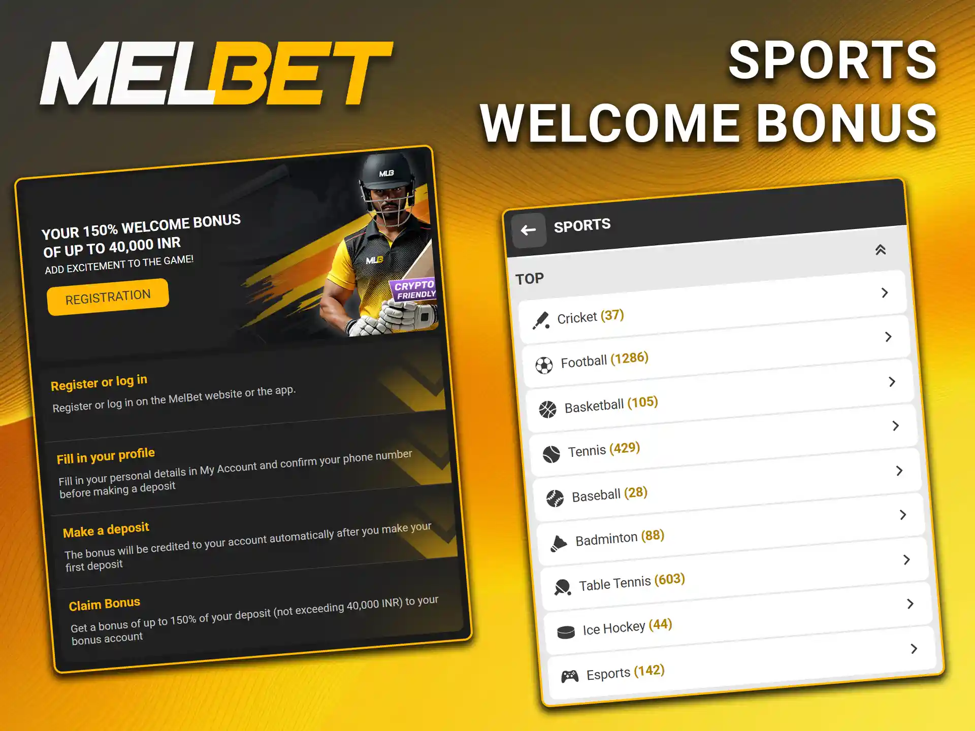 Top up your account after signing up to receive a generous welcome bonus for sports betting at Melbet.