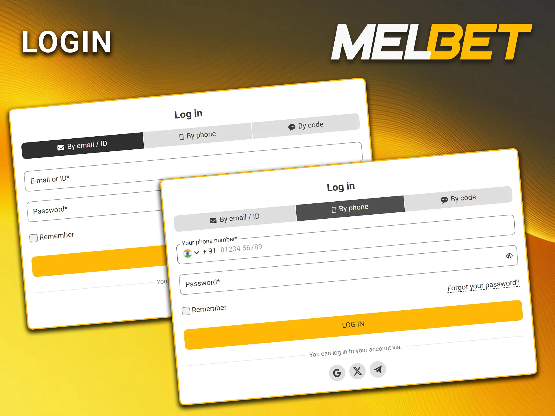 Log in to your Melbet account using one of the available methods.