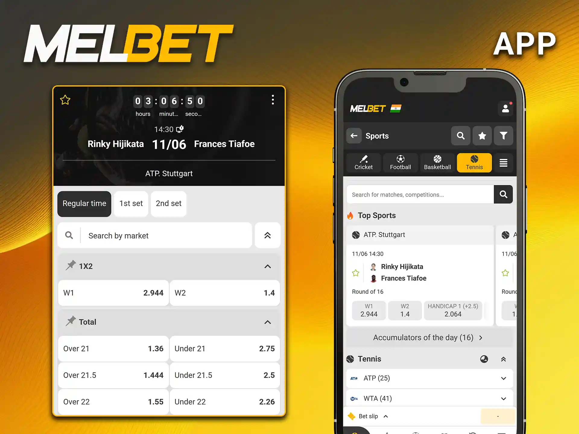 Download the official Melbet mobile app and enjoy betting on tennis.