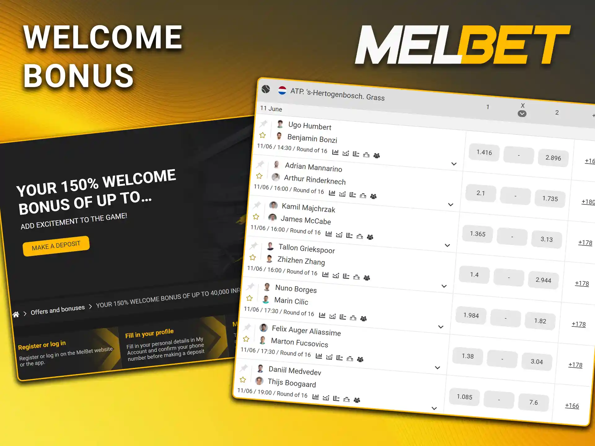 Sign up and get an exclusive welcome bonus for tennis betting at Melbet.